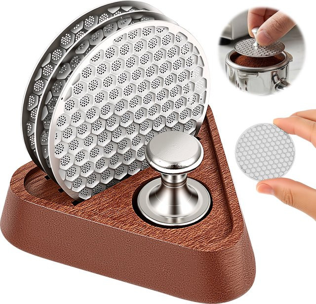 Willstar 3er-Set Edelstahl-Puck-Siebe mit Magnetextraktor und Holzständer in Silber, Durchmesser: 53,3 mm - Bild 1