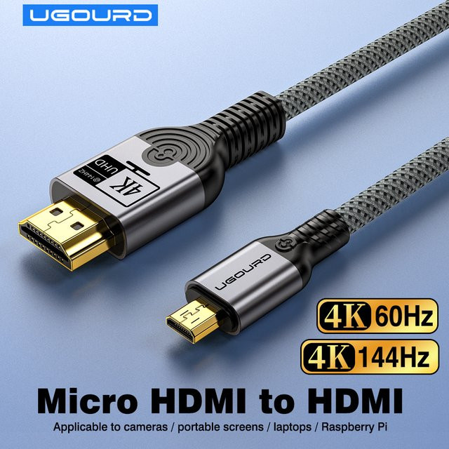 UGOURD Micro HDMI auf HDMI Kabel in Schwarz, 4K 60Hz und 4K 144Hz UHD HDR, geflochtenes Hochgeschwindigkeitskabel für Raspberry Pi Camera, Laptop und tragbare Monitore - Bild 1
