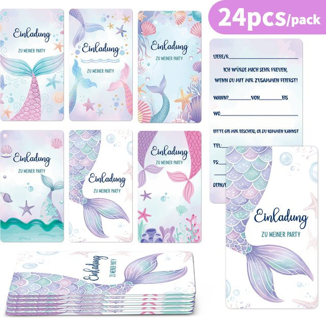 24 Stück Meerjungfrau Geburtstagseinladungskarten im 16:9 Format mit buntem Ozean-Design in Multicolor - Bild 1