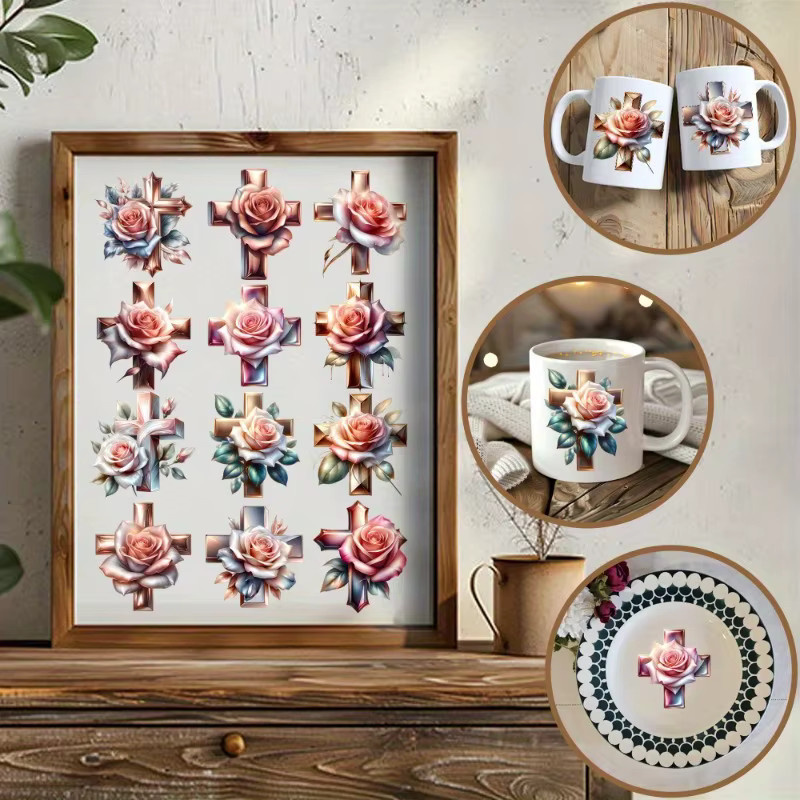 12 Stück Flower Cross UV DTF Dekopapier, wasserfestes UV DTF Transferpapier für Kunst und Handwerk in Multicolour - Bild 5