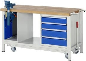 Rau Werkbank Modell 8185 mit Fahrgestell, höhenverstellbar und rollbar, inklusive Schrank und Schubladen, Grau/Blau, B/T/H: 150 x 70 x 88 cm - Bild 1