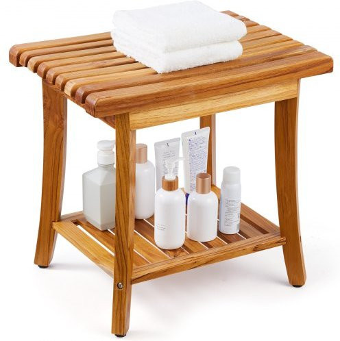 VEVOR Duschbank aus Teakholz in Braun mit Ablagefläche und rutschfesten Fußpolstern, B/T/H: 50,8 x 36,6 x 45,6 cm - Bild 1