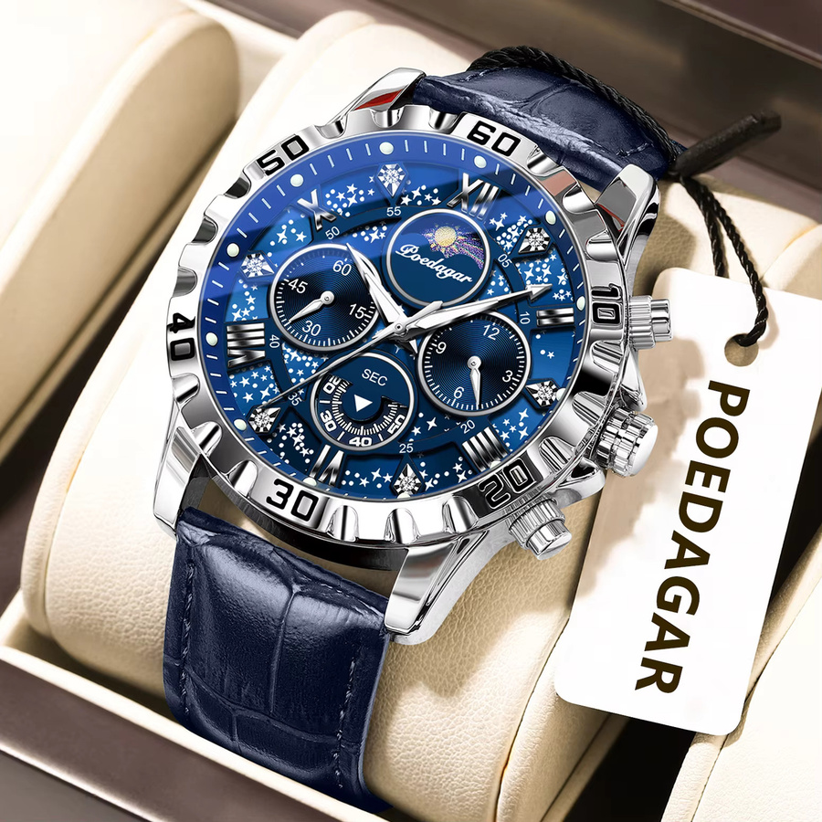 POEDAGAR Armbanduhr Chronograph, Quarz, Leder, Blau, Herren - Bild 2