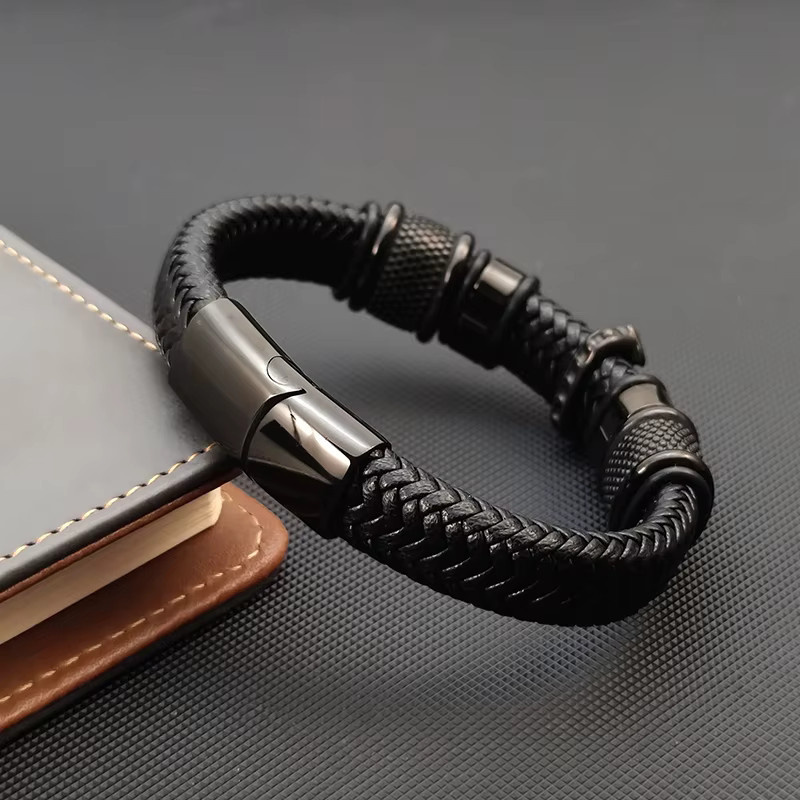 jiangmingao Armband, Leder, Edelstahl, Schwarz, Herren - Bild 2