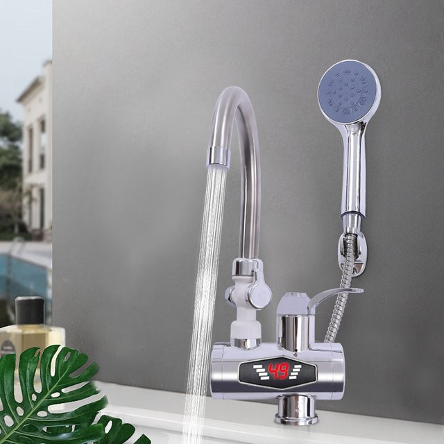 Elektrischer Wasserhahn mit LCD-Display, 3000 W, 360 Grad drehbarer Auslauf, Silber - Bild 1