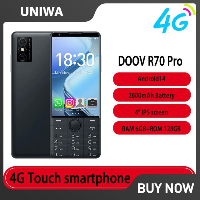 DOOV R70 Pro 4G Smartphone mit Touch-Tastatur, 4 Zoll IPS Display, 6 GB RAM, 128 GB Speicher, Android 14, 16 MP Kamera, 2600 mAh Akku, Schwarz - Bild 1