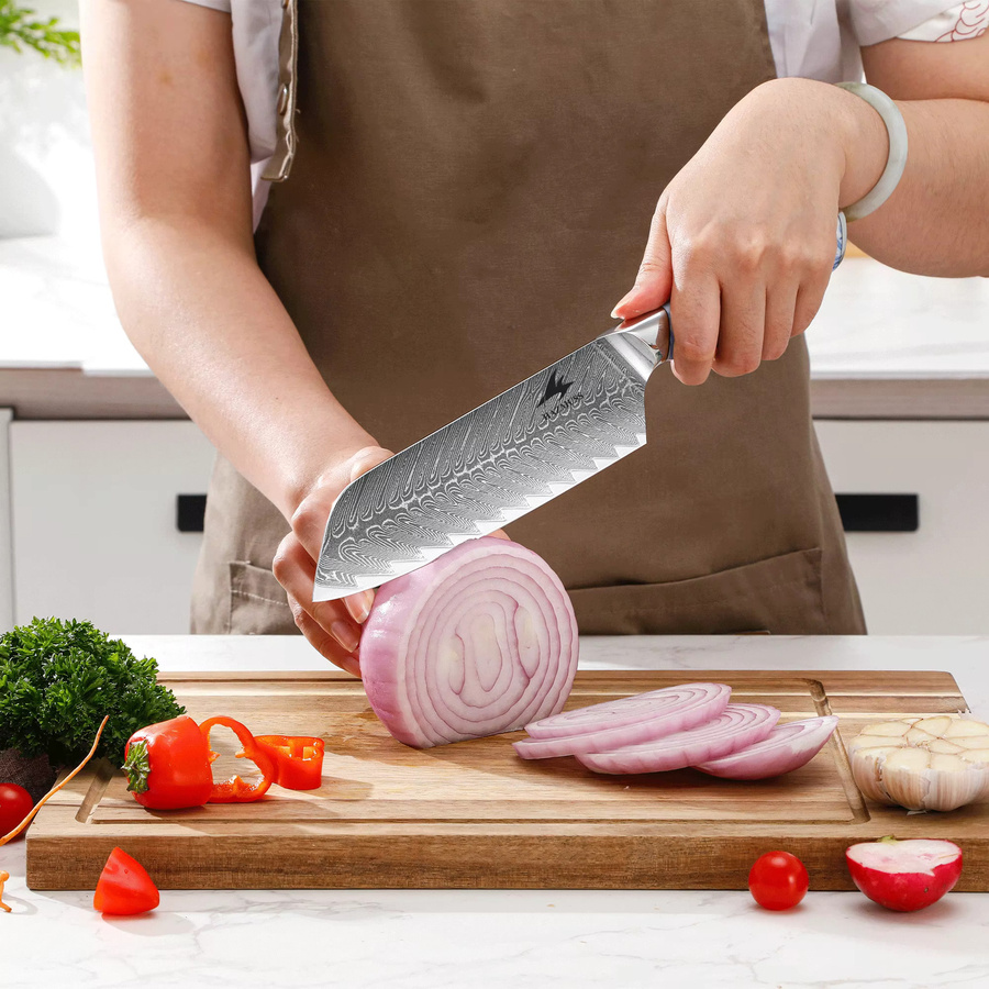HAZMUSS Santoku Küchenmesser aus Damaszener Stahl mit VG10 Schneidkern und ergonomischem Kunststoffgriff, 7 Zoll (17,78 cm) - Bild 3