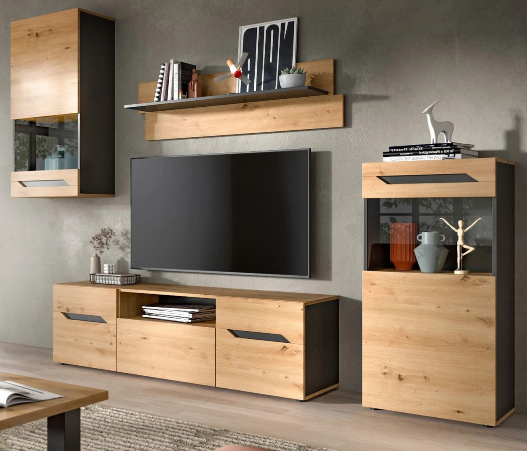 Moderne Wohnwand Aversa in Eiche und Grau mit Vitrine und Lowboard, Breite: 254 cm - Bild 1