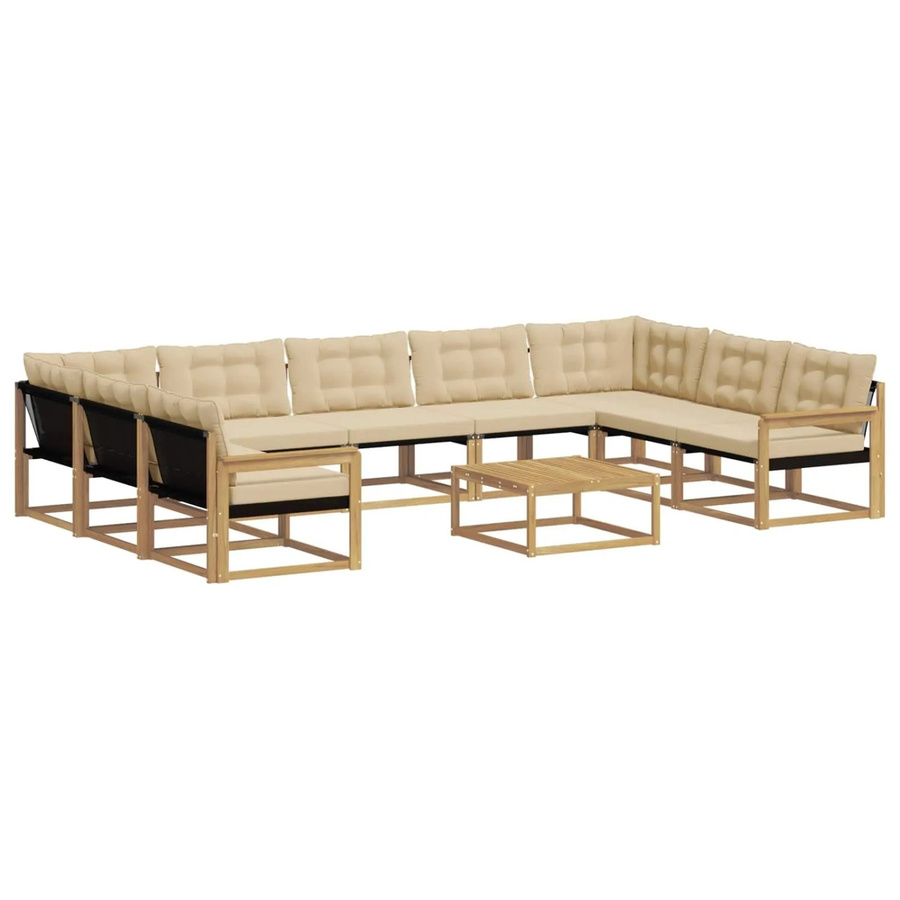 vidaXL Outdoor-Sofagarnitur aus massivem Akazienholz mit Textilene-Bezug und Kissen, 10-teilig, Weiß und Beige - Bild 2