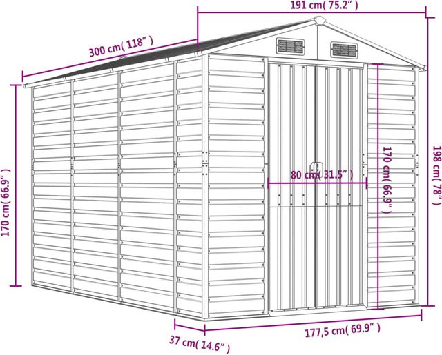 vidaXL Gerätehaus aus verzinktem Stahl in Anthrazit mit Schrägdach, B/T/H: 191 x 300 x 198 cm - Bild 4