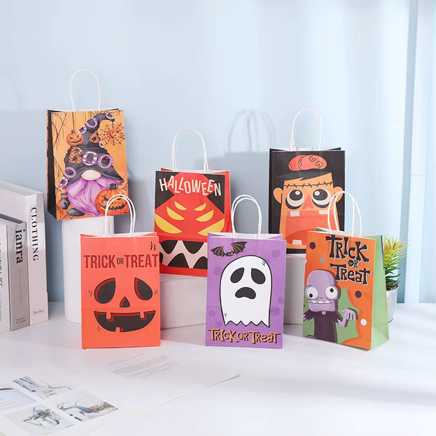 6er Set Halloween Geschenkpapier-Verpackungstaschen aus Papier, wiederverwendbare Goodie Bags in Mehrfarbig - Bild 1