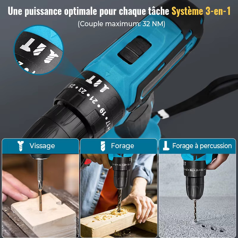 YEJICEFAC Kabelloser Akku-Bohrer 21V in Blau mit 3/8-Zoll Schnellspannbohrfutter, 2 Geschwindigkeiten, 25,3 U/min und 45 Nm Drehmoment - Bild 2