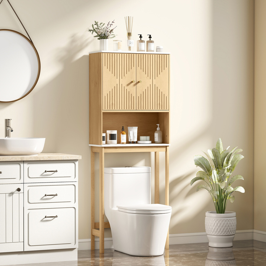 HOMCOM WC-Über-Toilettenmöbel in Eiche, Badezimmerschrank mit Doppeltürenschrank, verstellbarem Regal und offenem Regal, B/T/H: 66 x 25 x 168 cm - Bild 2