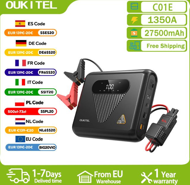 OUKITEL C01 Auto-Starthilfe mit 27500mAh Natrium-Ionen-Akku, 1350A Spitzenstrom und PD60W Schnellladung, Schwarz - Bild 1