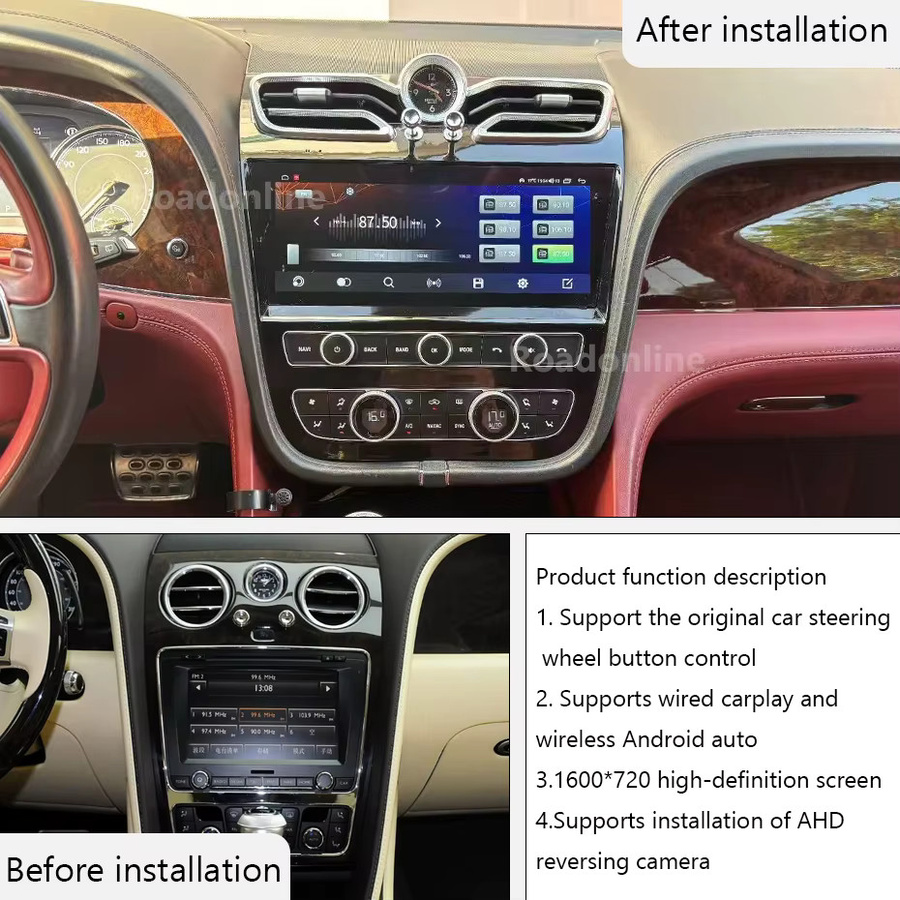 Roadonline Android Multimedia-System mit kabellosem CarPlay und Bluetooth für Bentley Continental / Flying Spur 2005-2017, Schwarz - Bild 2