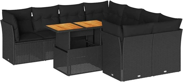 vidaXL 9-teilige Garten-Sofagarnitur aus Poly-Rattan und Akazienholz in Schwarz mit Kissen - Bild 1