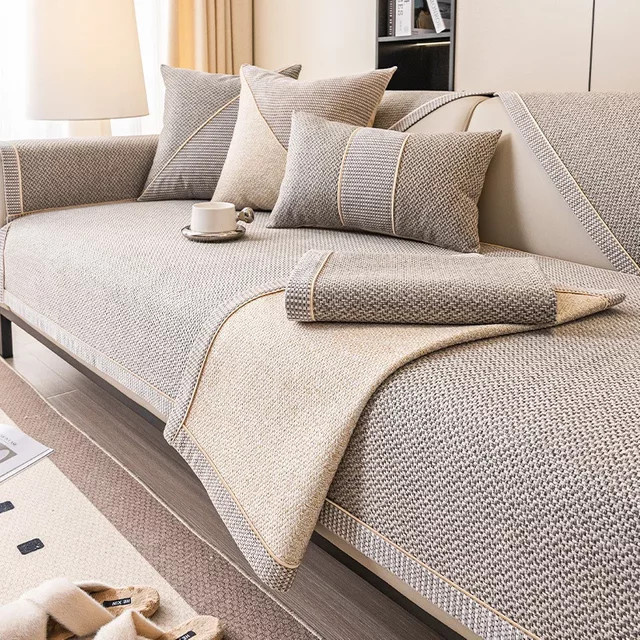 Rutschfeste Sofakissen-Bezüge aus Leinen und Baumwolle in Beige für alle Jahreszeiten - Bild 1