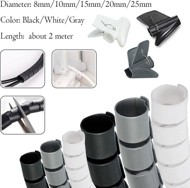 Flexible Kabelhülle in Schwarz, 2 m Spiral-Kabelorganizer für das Kabelmanagement, Durchmesser 8–25 mm - Bild 1