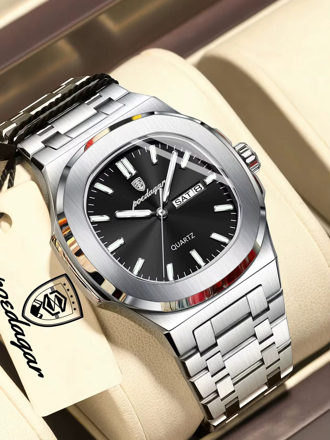 POEDAGAR Armbanduhr Edelstahl, Quarz, Schwarz, Herren - Bild 7