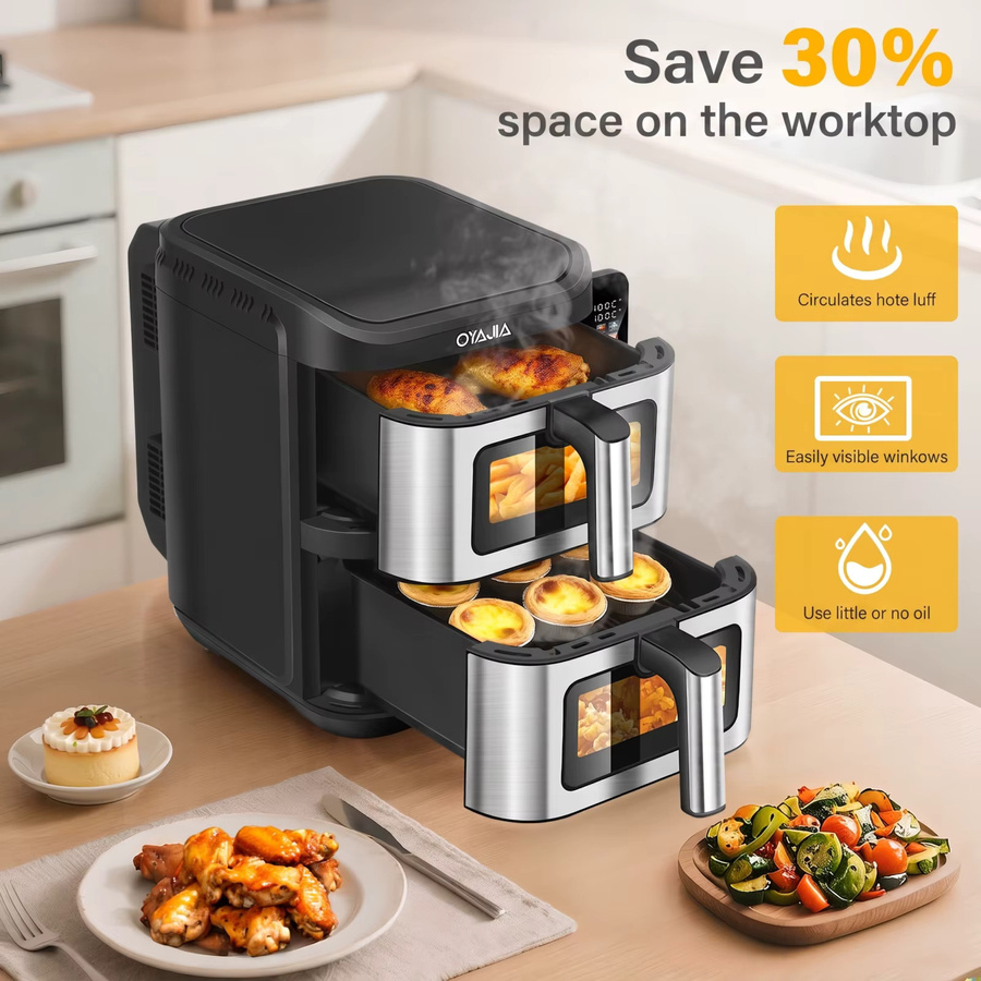 Oyajia XXL Heißluftfritteuse mit Doppelkammer, 11 Liter, Edelstahl, Silber/Schwarz, 2800W mit digitalem Farb-Touch-Display und Timer - Bild 6