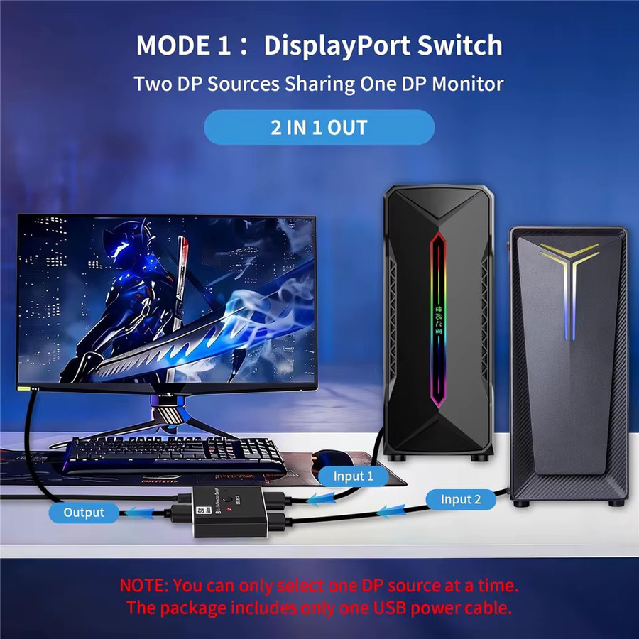 Navceker DisplayPort Switch 2-in-1-out 8K und 4K 120Hz DP-Umschalter mit IR-Fernbedienung, Schwarz - Bild 2
