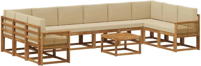vidaXL Outdoor-Sofagarnitur aus Massivholz Akazie in Natur und Beige, 11-teiliges L-Shape Set mit Polstern und Armlehnen - Bild 1