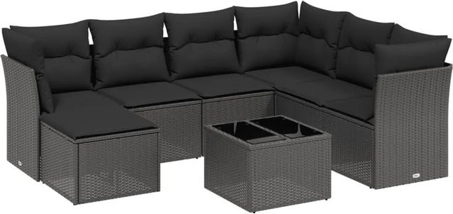vidaXL 8-tlg Garten-Sofagarnitur in L-Form aus schwarzem PE-Rattan mit Kissen und pulverbeschichtetem Stahlgestell - Bild 1