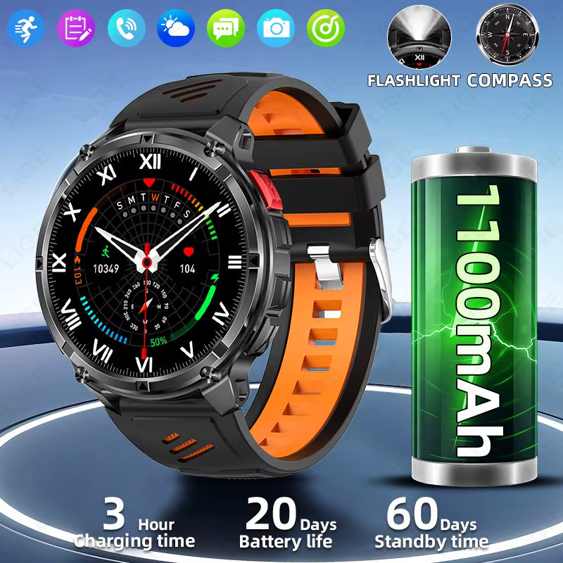 LIGE Smartwatch für Männer in Schwarz mit 1100 mAh Akku, Kompass, LED Taschenlampe, Sprachanruf-Funktion, Herzfrequenzmessung und IP68 Wasserdichtigkeit - Bild 2