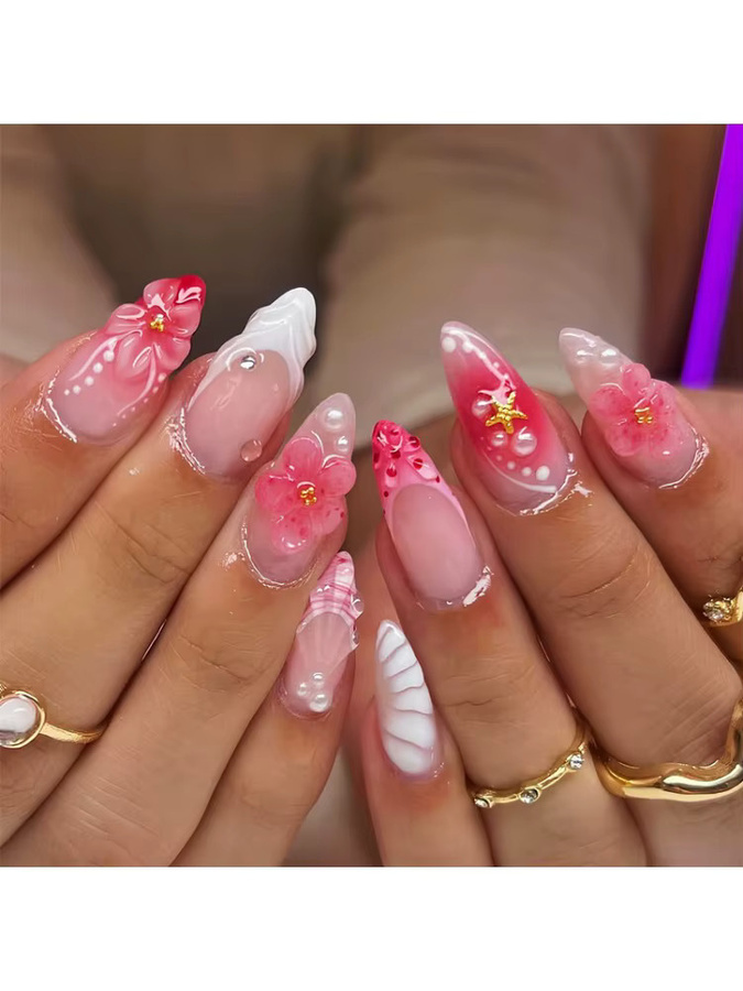 Qsezeny Künstliche Nägel, Rosa Blume, Glänzend, 24 Stück, Damen - Bild 2
