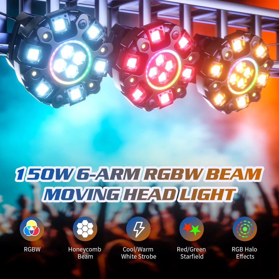 Somspot 150W 6-Arm LED Moving Head Light RGBW Matrix Beam Projection Laser Strobe Effekt, Schwarz, Professionelle DMX512 Bühneneffektbeleuchtung - Bild 2