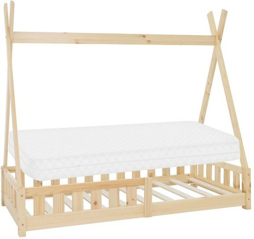 ML-Design Kinderbett Tipi aus massivem Kiefernholz mit Matratze und Rausfallschutz, Farbe Natur, B/T/H: 80 x 160 x 150 cm - Bild 1