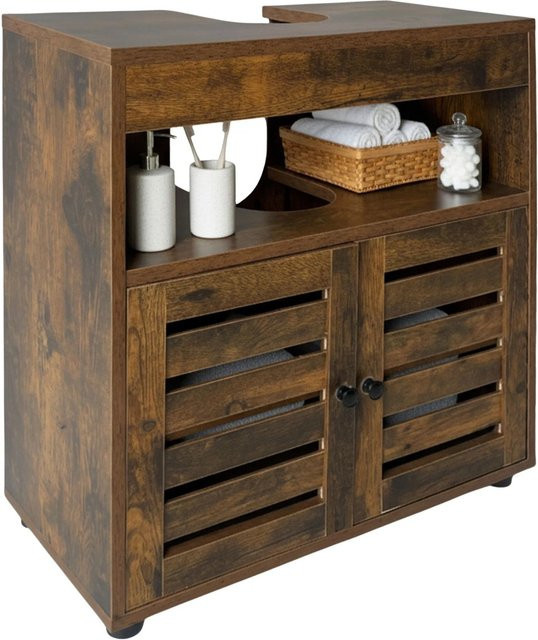 Relaxdays Waschbeckenunterschrank aus MDF in Vintagebraun mit Lamellentüren und Magnetverschluss, B/T/H: 63 x 60 x 30 cm - Bild 1