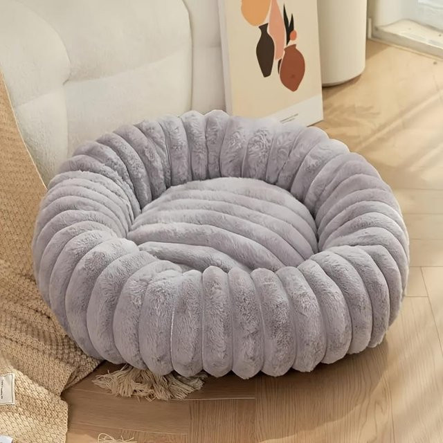 WTEMPO Plüsch-Haustierbett für Katzen und kleine Hunde, rundes Winternest aus Mikrofaser in Grau, Durchmesser: 40 cm - Bild 1