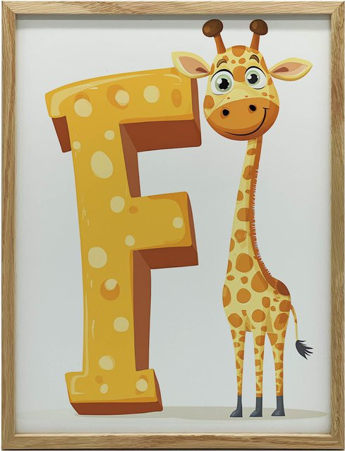 Poster Giraffe und Buchstabe F von iKable mit Holzrahmen in Heller Eiche, Breite: 50 cm, Höhe: 70 cm - Bild 1