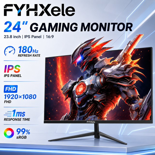 FYHXele Gaming-Monitor 24 Zoll mit 180Hz, FHD 1080P, IPS-Panel, 1ms Reaktionszeit, RGB-Beleuchtung, Schwarz, DP und HDMI - Bild 1