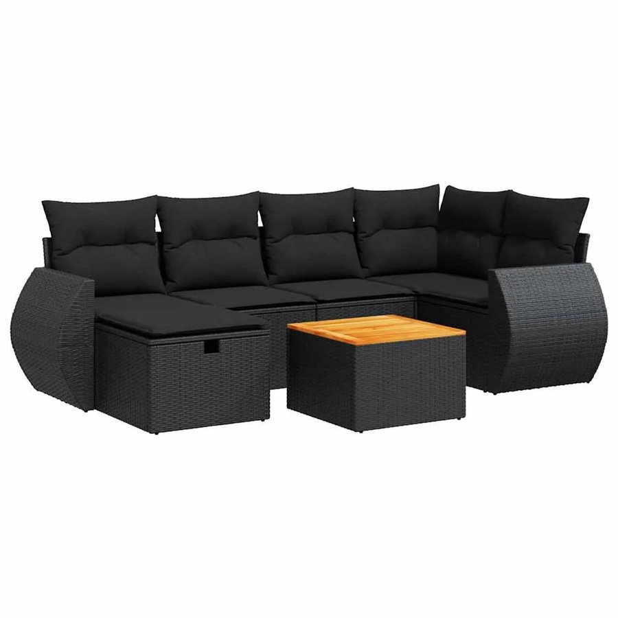 vidaXL 7-teilige Garten-Sitzgruppe in L-Form mit Kissen, Schwarz, Polyrattan und Akazienholz - Bild 2