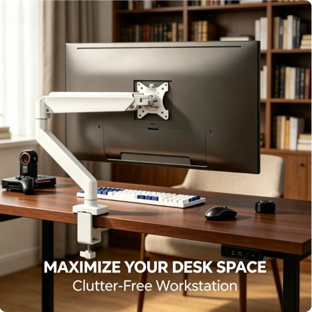 Höhenverstellbarer Einzelmonitorarm in Weiß für Bildschirme von 17 bis 32 Zoll mit C-Klemme und Ösenmontage für dein Home Office - Bild 1