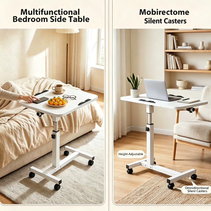 HGTUGO Mobiler Laptop-Schreibtisch in Weiß, höhenverstellbarer und neigbarer Computertisch mit Rollen und Anti-Rutsch-Stopper für Home-Office und Schlafzimmer - Bild 2
