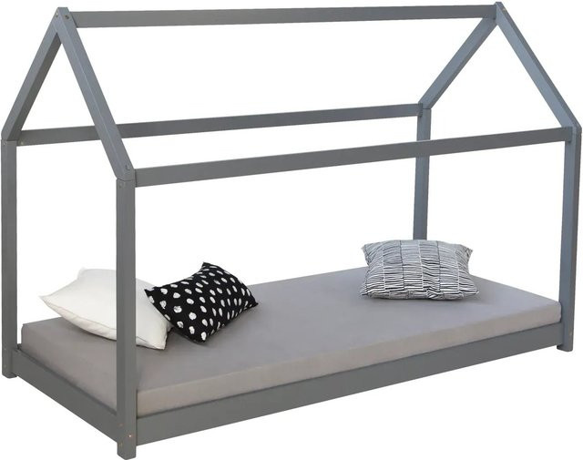 Homestyle4u Hausbett aus Kiefernholz mit Matratze in Grau, B/T/H: 90 x 200 x 206 cm - Bild 1