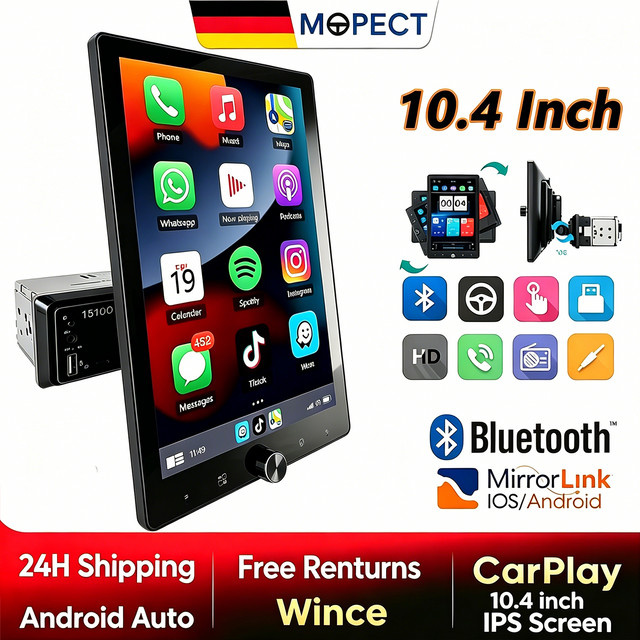 MOPECT 10,4 Zoll Single DIN Autoradio mit IPS Touchscreen, Apple CarPlay und Android Auto, Bluetooth, USB, AUX, TF, FM, Schwarz - Bild 1