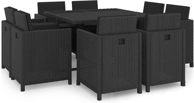vidaXL 9-tlg Garten-Essgruppe aus Poly Rattan in Schwarz mit Auflagen und Milchglastisch - Bild 1