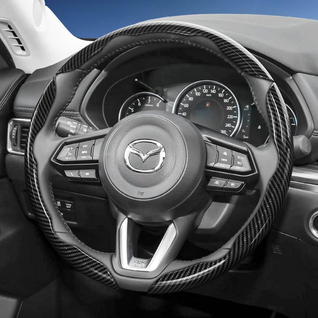 Hocasen Lenkradbezug in Carbonfaser-Textur mit segmentiertem Schnellverschluss für Mazda Modelle, Farbe: Schwarz - Bild 1