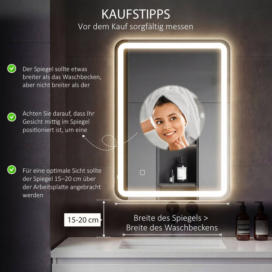 HOMCOM LED-Badspiegel in Silber mit Touch-Funktion und Dimmbarkeit, Rechteckig, B/H/T: 60 x 80 x 4 cm - Bild 5