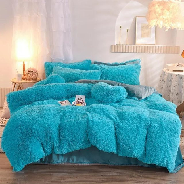 Bin Chi Textiles Bettwäsche Set aus flauschigem Flanell und Samt in See-Blau - Bild 1
