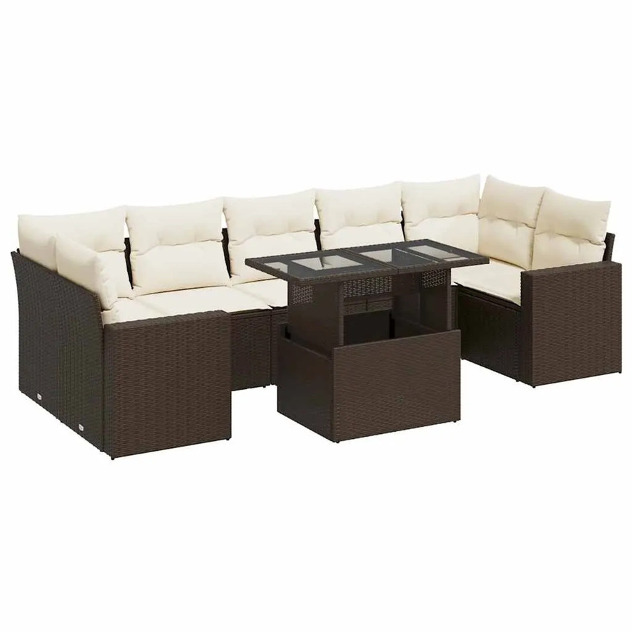 vidaXL 8-teilige Garten-Sofagarnitur in L-Form aus braunem Poly-Rattan mit cremeweißen Kissen und pulverbeschichtetem Stahlgestell - Bild 2