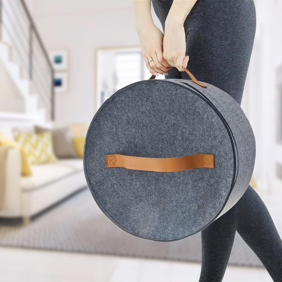Binchi Hut-Aufbewahrungsbox aus Filz mit Reißverschlussdeckel, runde und faltbare Hutbox in Grau, transparent, Durchmesser: 48 cm, Höhe: 43 cm - Bild 3