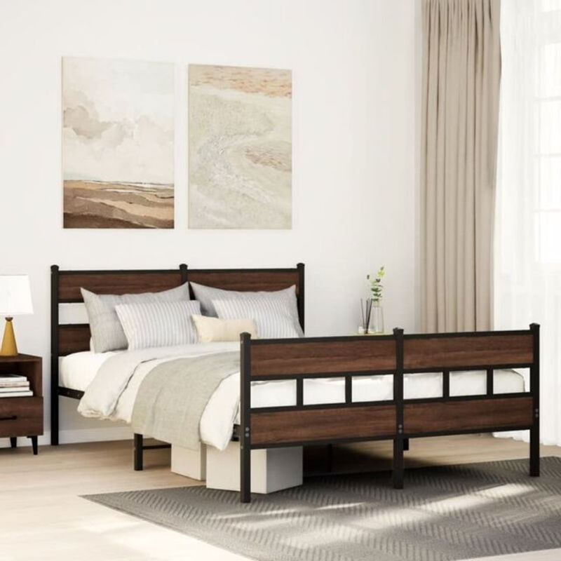 Metallbett Vidaxl in Braun mit Eichen-Optik im Industrial-Stil, B/T/H: 150 x 200 x 91.5 cm - Bild 1
