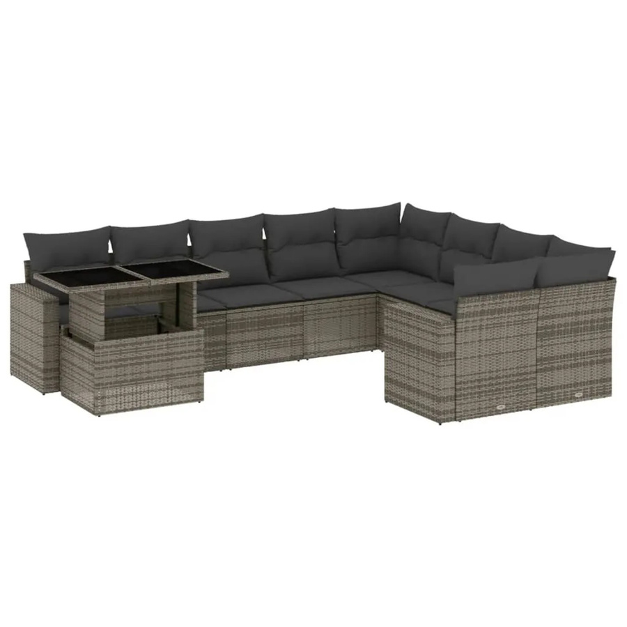 vidaXL 10-tlg Garten-Sofagarnitur in L-Form aus grauem Poly-Rattan mit Kissen und pulverbeschichtetem Stahlgestell - Bild 2