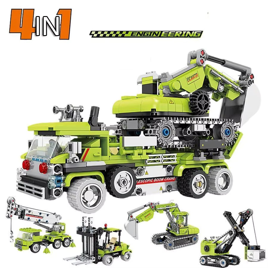 4 in 1 Baustellen-Spielzeugset mit Bagger, Kran, LKW und Stadtfahrzeugen aus Kunststoff-Bausteinen - Bild 2