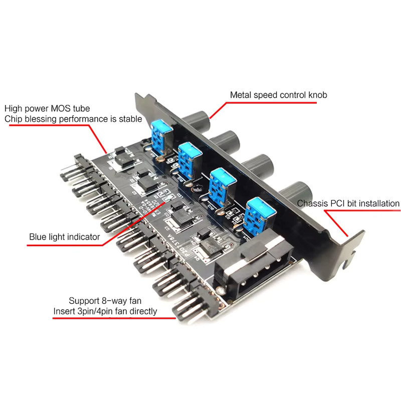 Flying Elephant PWM Lüfter-Hub-Controller für Desktop-Computer, 4-Gang SATA/Molex Splitter mit externen Tasten zur Geschwindigkeitsanpassung, Schwarz - Bild 2